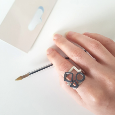 Artisan Geometric Patina 925 Silver Statement Ring is shown on a finger.