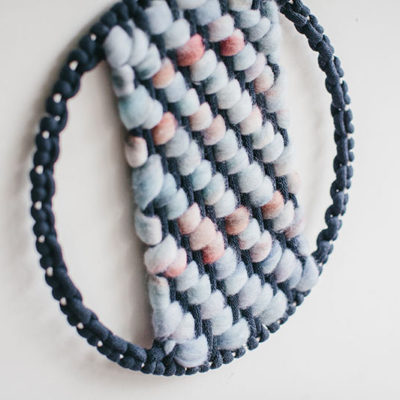 Pattern detail of the ‘West Coast 8’ woven textile wall-hanging from the West Coast collection by Cassandra Sabo demonstrates the waste materials used in the artwork