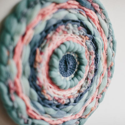Texture detail of the ‘West Coast 9’ woven textile wall-hanging from the West Coast collection by Cassandra Sabo demonstrates the waste materials used in the artwork