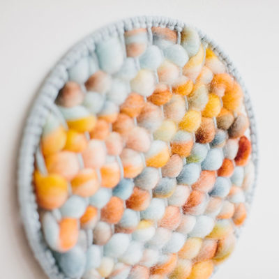 Texture detail of the ‘West Coast 2’ woven textile wall-hanging from the West Coast collection by Cassandra Sabo demonstrates the waste materials used in the artwork