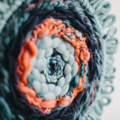 Texture detail of the ‘West Coast 1’ woven textile wall-hanging from the West Coast collection by Cassandra Sabo demonstrates the waste materials used in the artwork