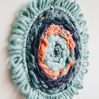 Colour detail of the ‘West Coast 1’ woven textile wall-hanging from the West Coast collection by Cassandra Sabo