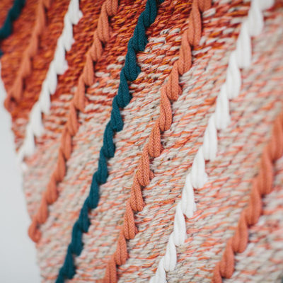 Gradient detail of the ‘Shoreline’ handwoven textile wall-hanging from the West Coast collection by Cassandra Sabo demonstrates the craftsmanship of the artwork