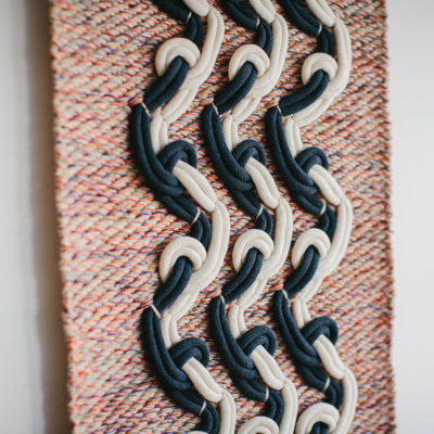 Technique detail of the ‘Elude’ handwoven textile wall-hanging from the West Coast collection by Cassandra Sabo demonstrates the craftsmanship of the artwork