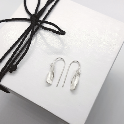 Unique Silver Drop Dangle Earrings on a white gift fox tied with black cotton string.