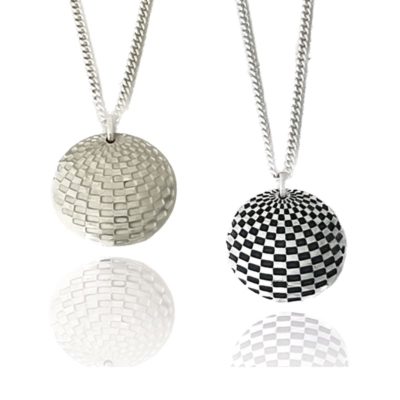 Two identical pendant one silver and one oxidised with optical design on a white background