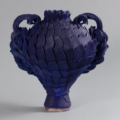 matt blue on terracotta sculptural vessel entitled Hinterwater V