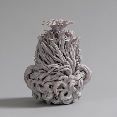 Stellaria sculpture with matt white and pink reactive, textured glaze