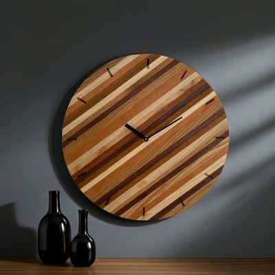 large circular striped mixed wood wall clock
